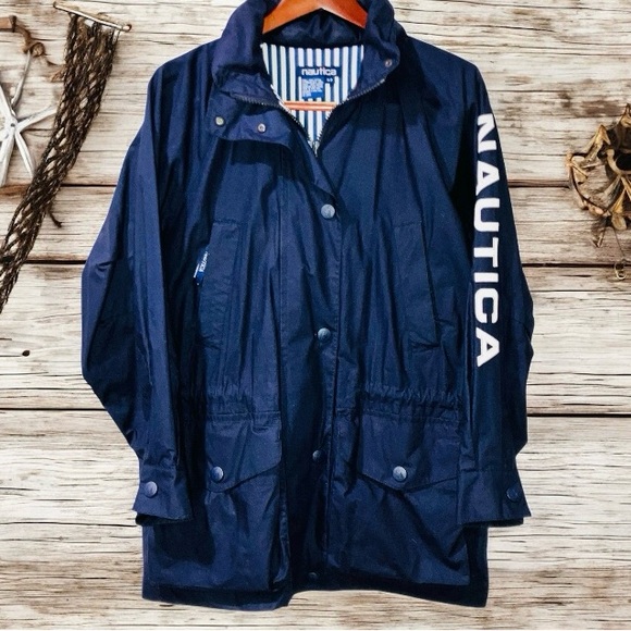 Vtg 90’s Nautica Adirondack Anorak Cotton Jacket Hooded Navy Blue Logo Sleeve S - Picture 1 of 11